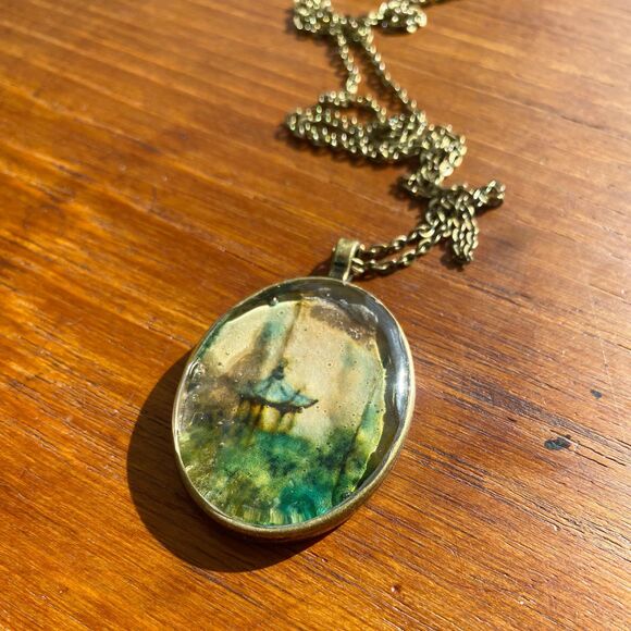 Oval Upcycled Chinese Paper Fan Rainy Pagoda Scene Clear Resin Pendant Necklace - Picture 3 of 5